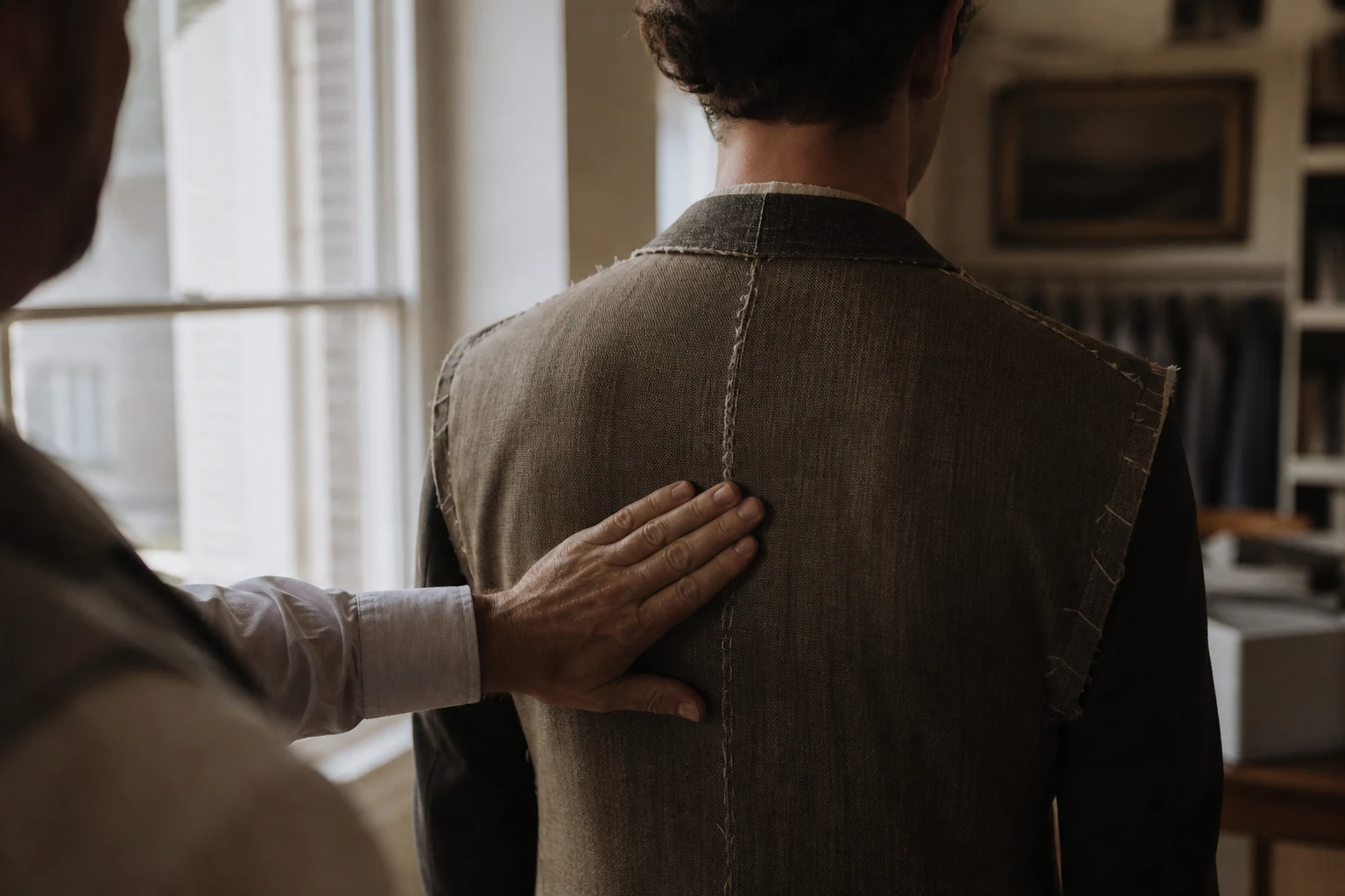 Basted jacket on a client during a first fitting