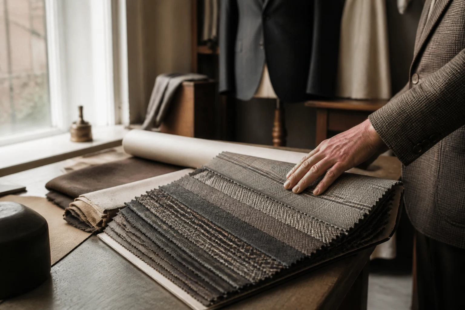 Swatch book of wool cloth open on a table