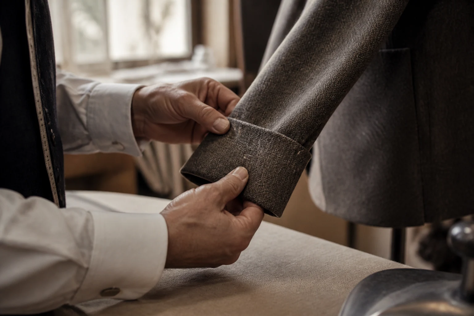 Sleeve being shortened at the cuff with pins in place