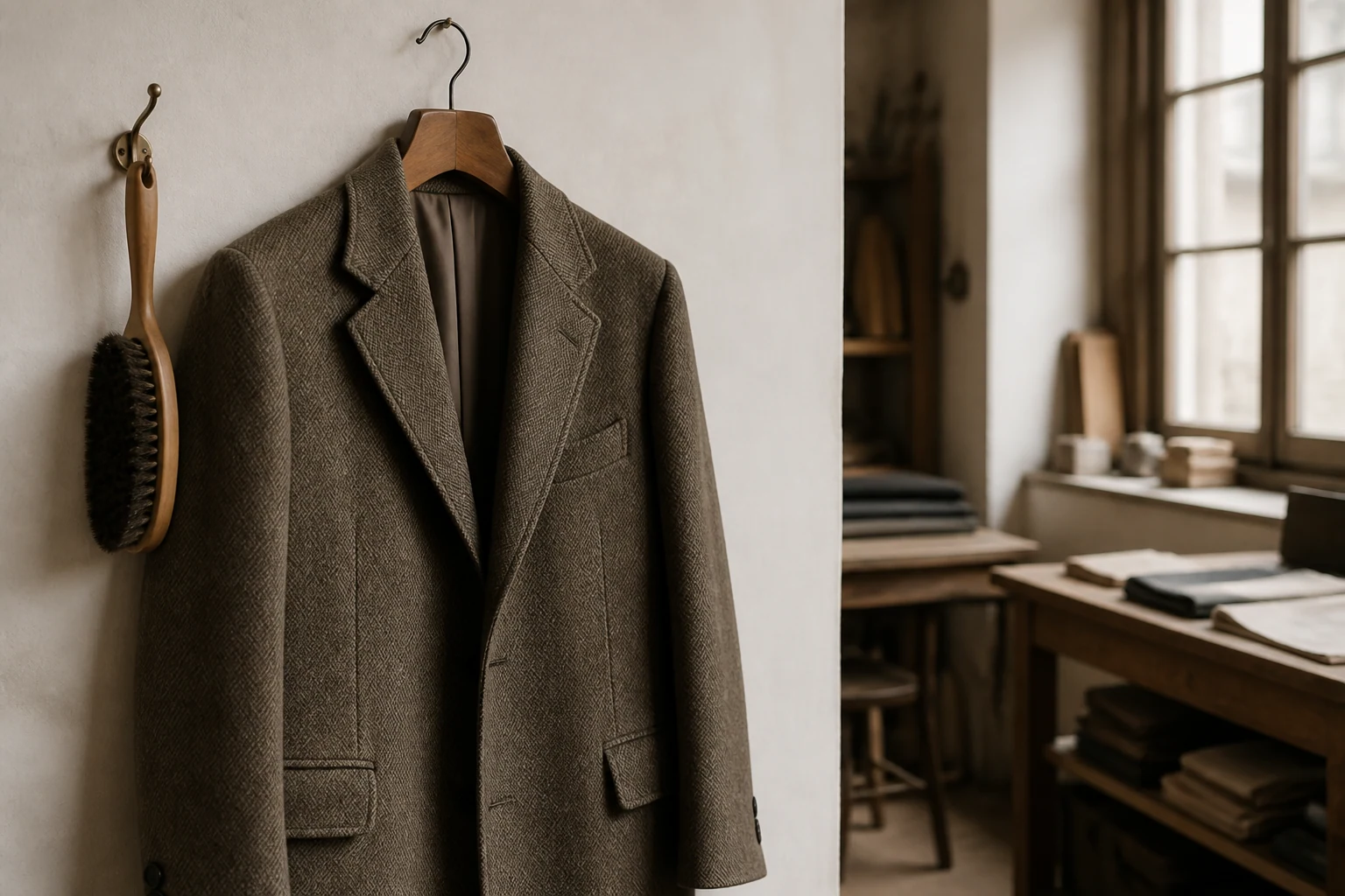 Wool coat hanging on a wooden hanger next to a clothes brush