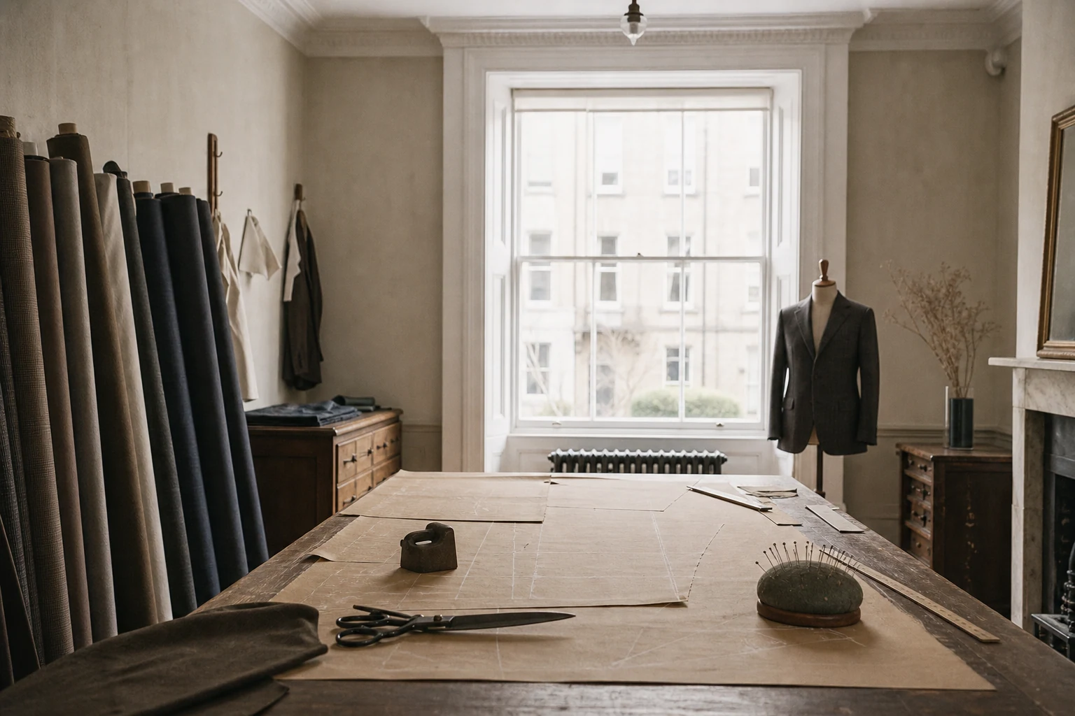 Wide view of a tailoring workshop with rolls of wool cloth, a cutting table and a jacket on a stand