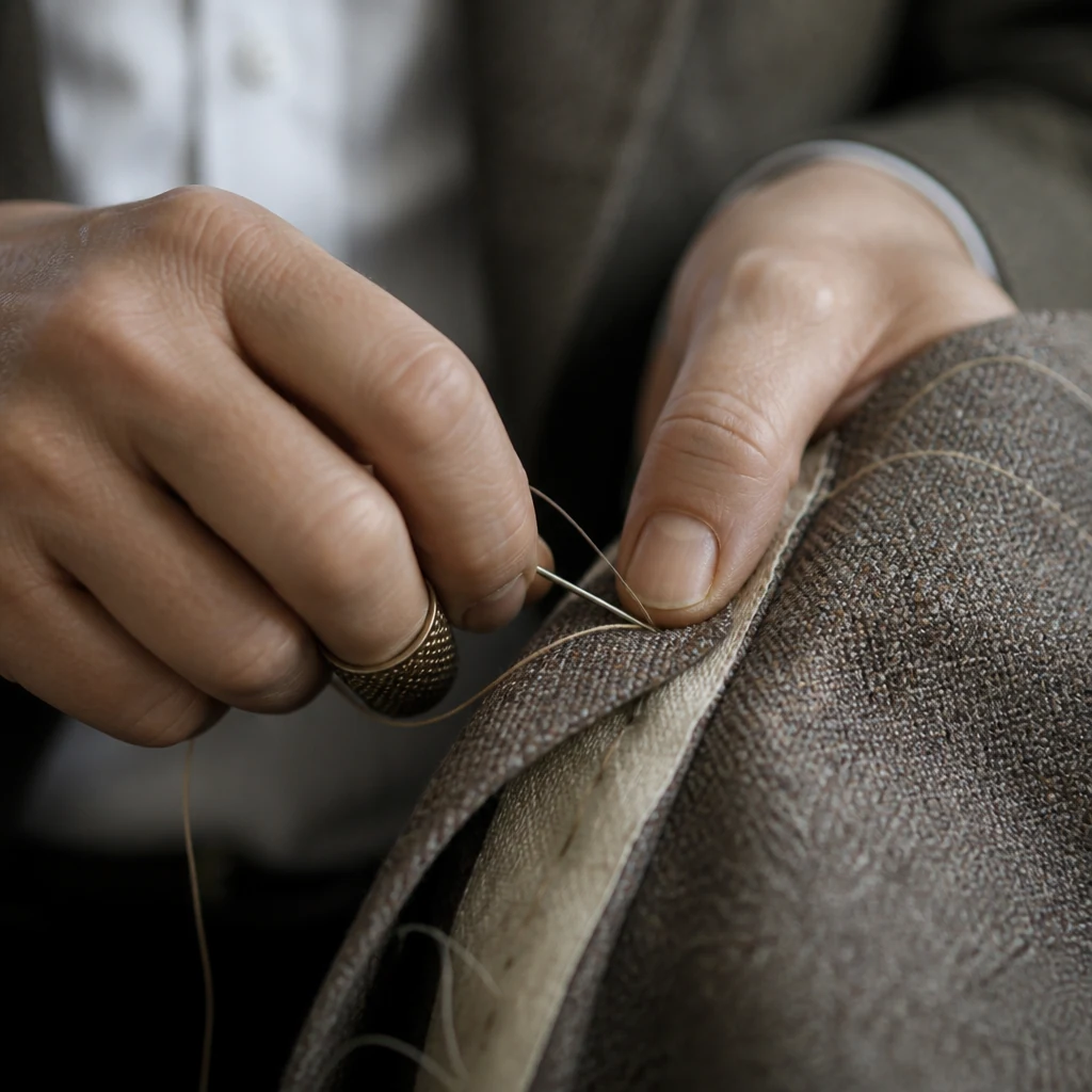 Close-up of hands sewing a lapel by hand with needle and thread
