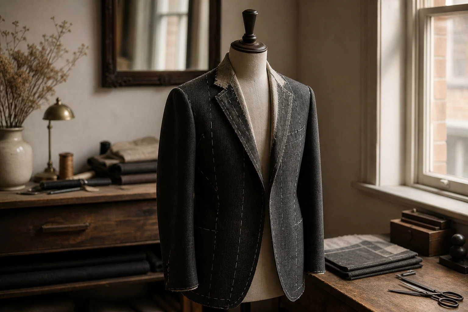 Charcoal jacket half-made on a stand with basting threads still in place