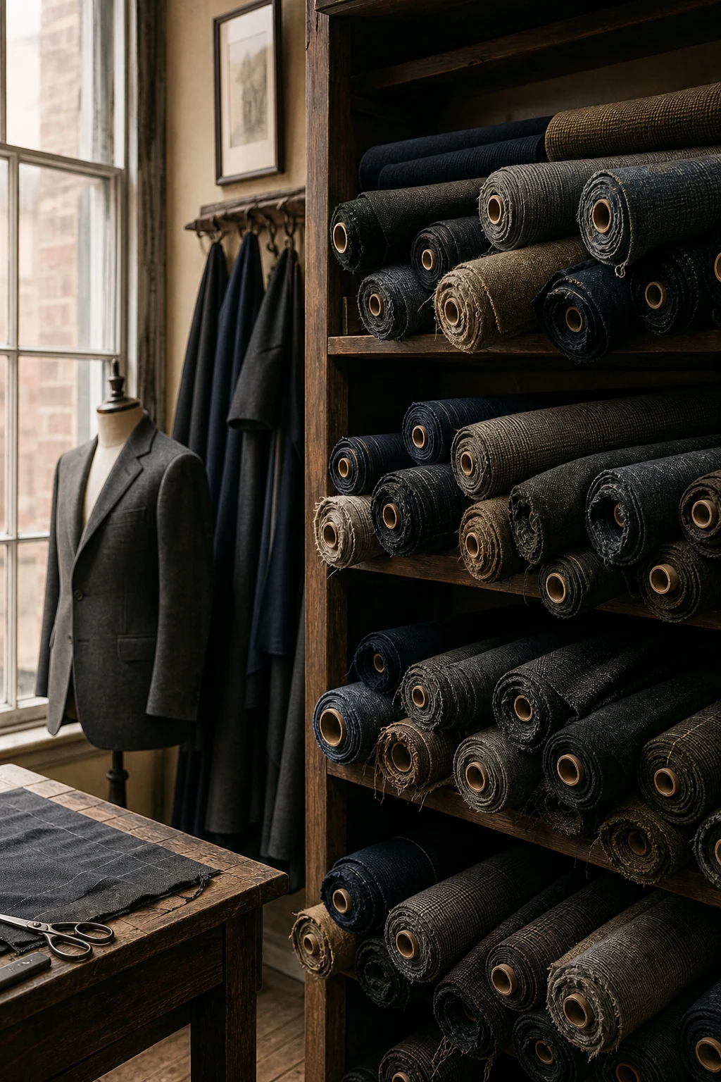Rolls of wool suiting stacked on shelves in the workshop