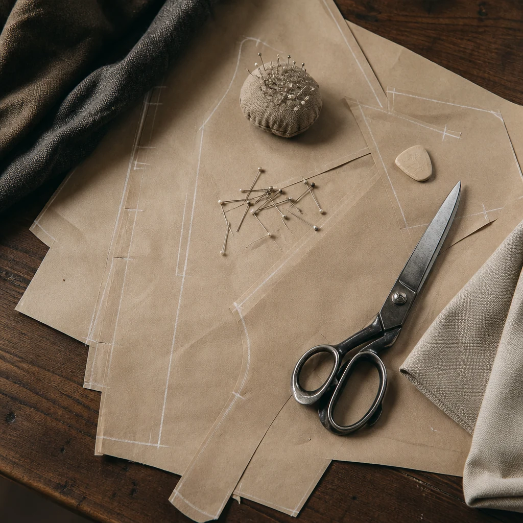 Pattern paper marked in chalk with pins and shears resting on top