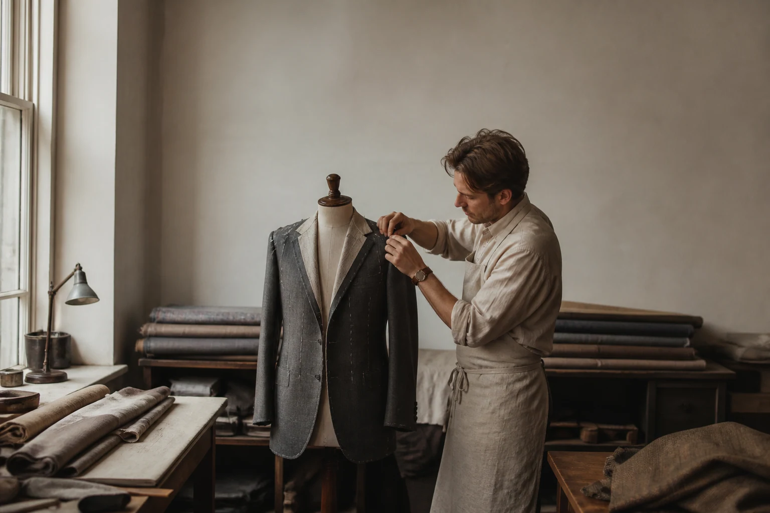 Tailor pinning the shoulder of a half-made jacket on a dress form in a bright atelier
