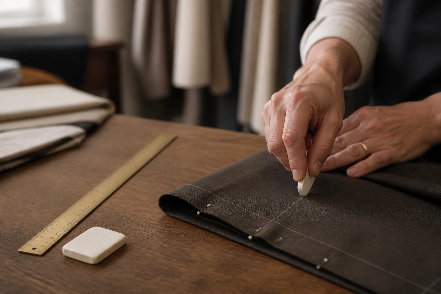 Trouser hem being marked with tailor's chalk and pins
