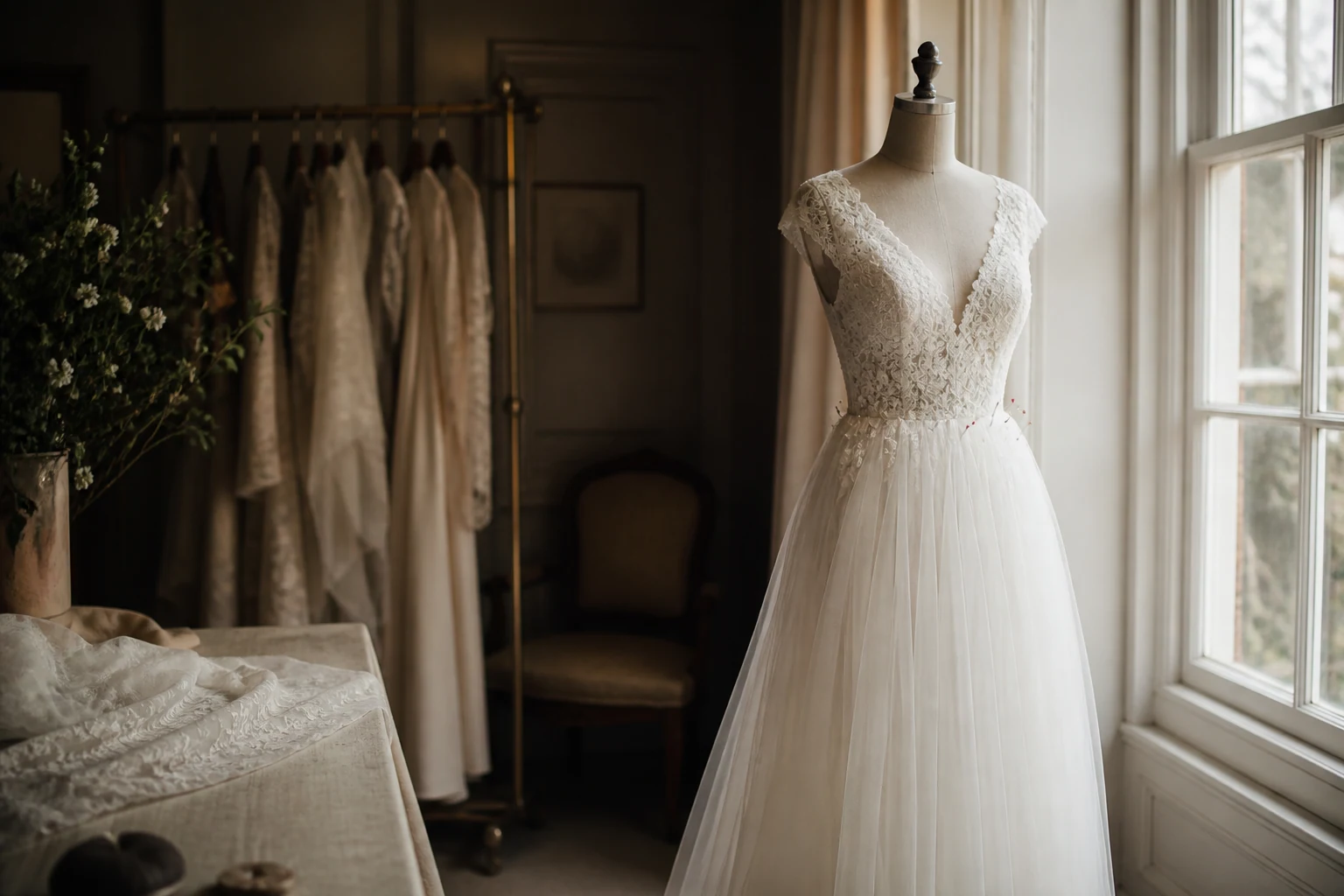 Ivory bridal gown on a stand with lace trim and pins in the bodice