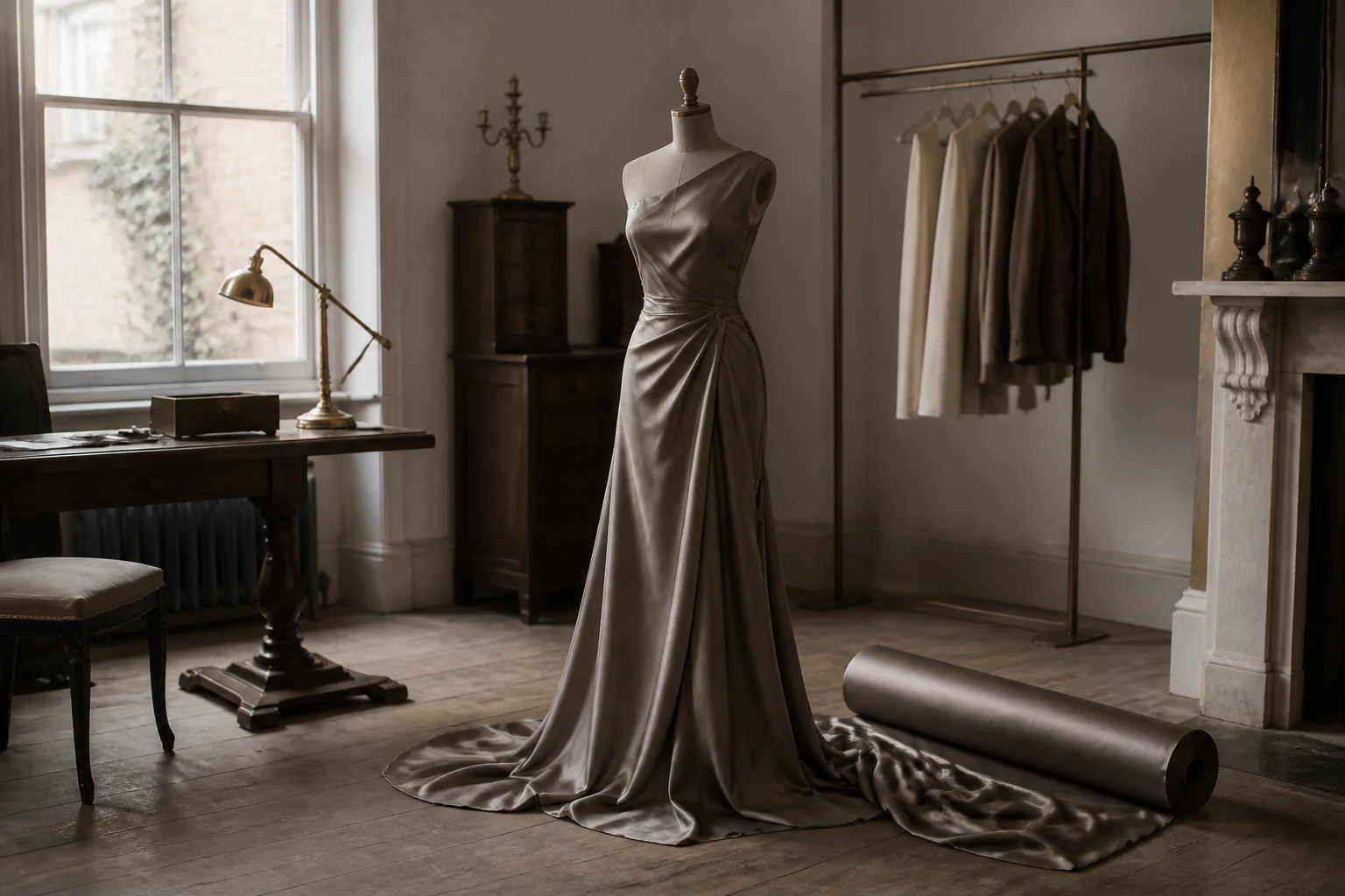 Evening dress pinned on a dress form beside a roll of silk