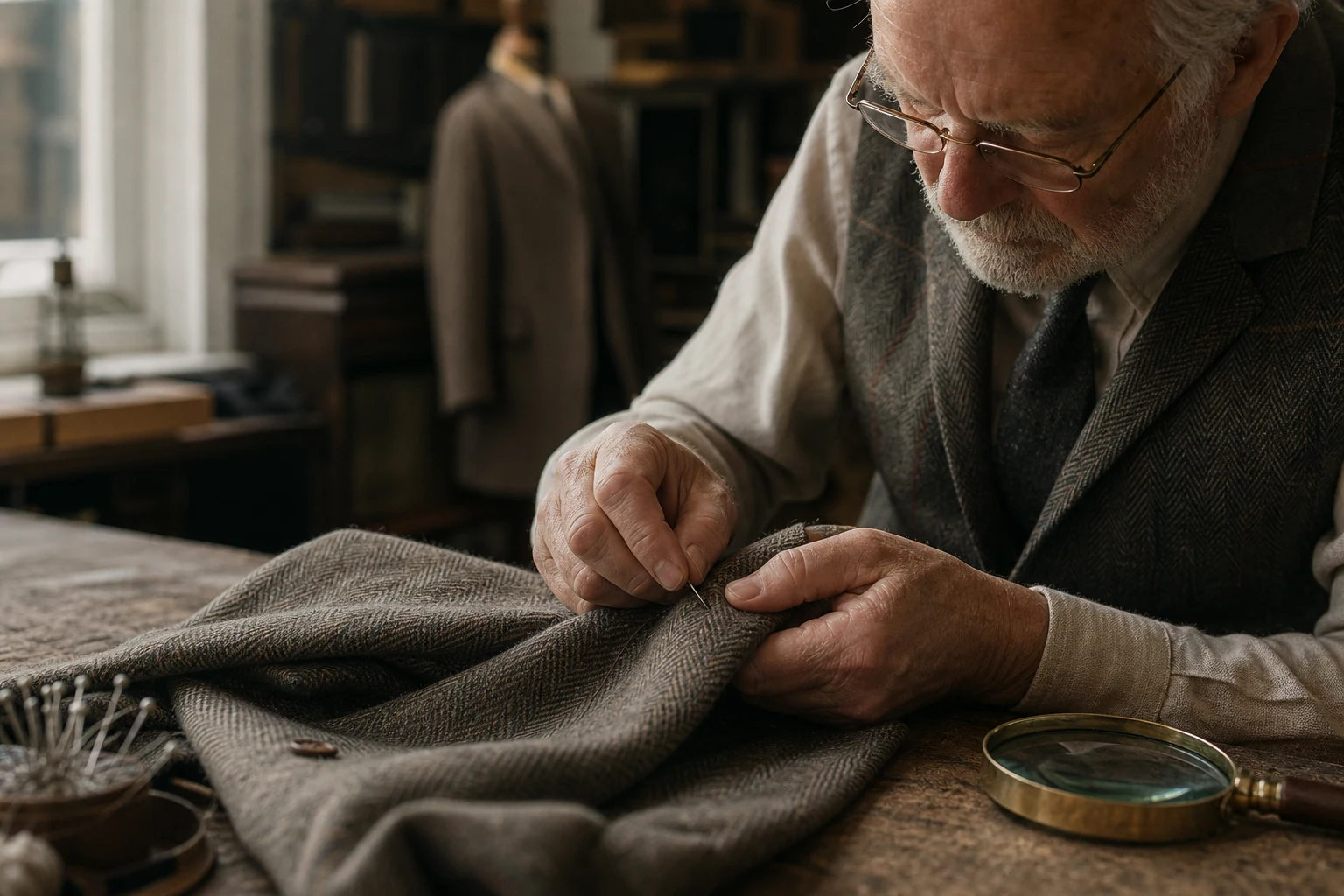 Invisible mending on a woollen coat with fine thread and a darning needle