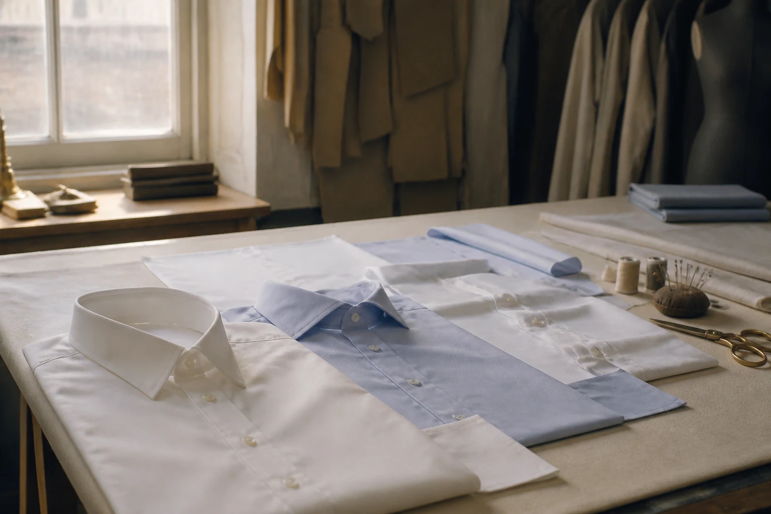 Freshly pressed shirts with hand-set collars laid on a cutting table