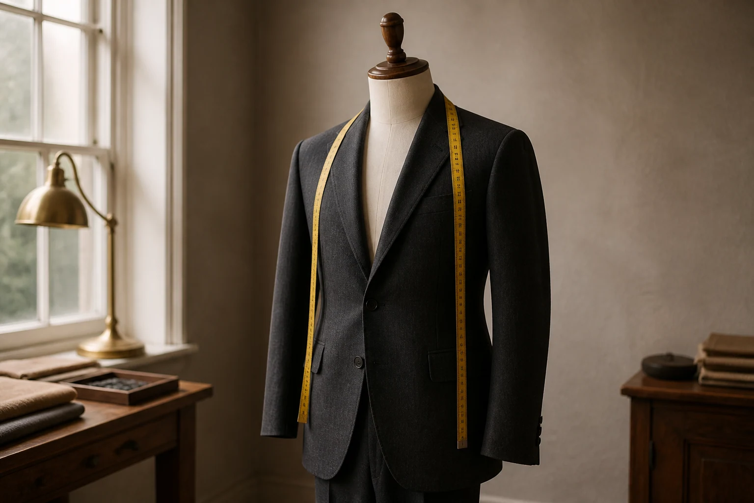 Two-piece wool suit on a tailor's stand with a tape measure across the shoulder