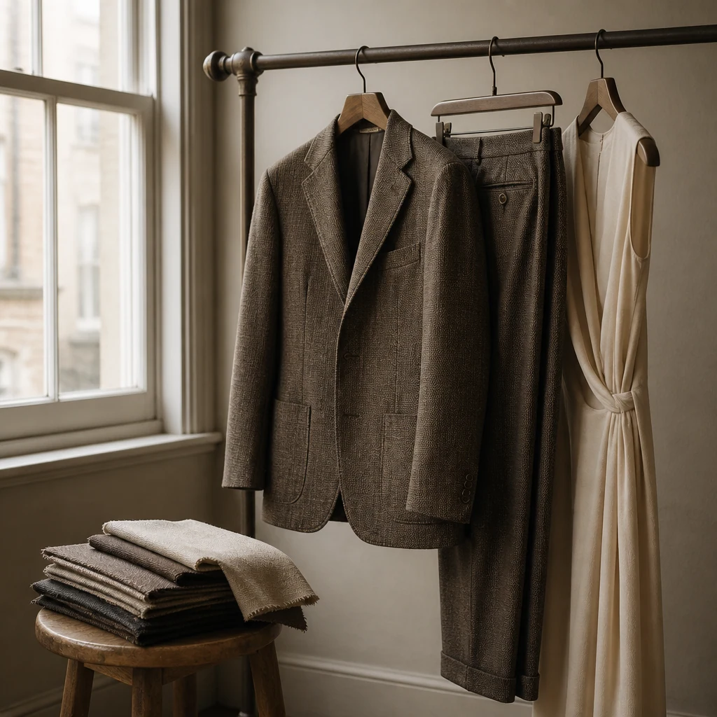 Finished jacket and dress hanging on a rail beside folded fabric samples